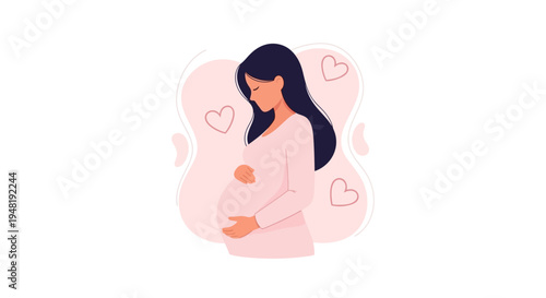 A pregnant woman with long dark hair wearing a pink dress cradles her belly against a pink background with hearts, symbolizing prenatal life awareness and pregnancy protection