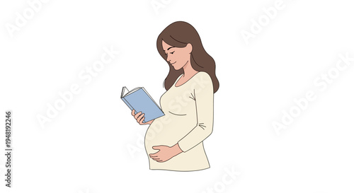 Illustration of a pregnant woman reading a book while cradling her belly, supporting pregnancy protection and International Day of the Unborn Child concept with a gentle, loving mood