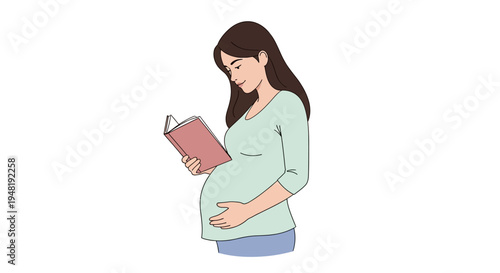 Illustration of a pregnant woman reading a book while gently touching her belly on a clean white background