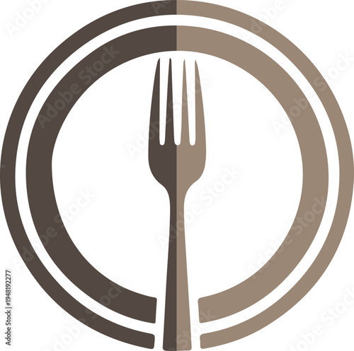 A simple flat design logo featuring a fork surrounded by two concentric circles, depicted in shades of brown