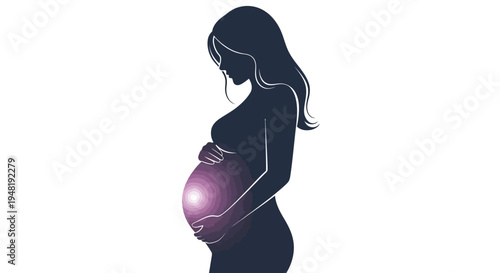 Illustration of a pregnant woman cradling her abdomen, symbolizing prenatal life awareness and pregnancy protection on International Day of the Unborn Child with a purple glow