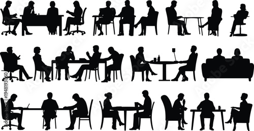 Business meeting silhouettes collection, corporate team discussion collaboration, office conference communication negotiation, professional workplace teamwork concept illustration set