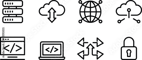 Cloud upload, globe, code and data transfer line icons set for internet and technology concepts

