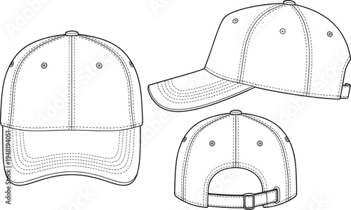 Baseball cap technical fashion sketch, front, side, and rear views with adjustable strap and stitching details, vector illustration – flavector