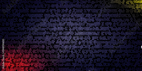 A vibrant stained glass mosaic featuring irregular shapes in a gradient from warm peach and pink tones at the top to cool purple and blue hues at the bottom.