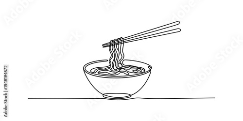 A continuous line drawing illustration of chopsticks lifting noodles from a bowl of ramen soup Vector, illustration