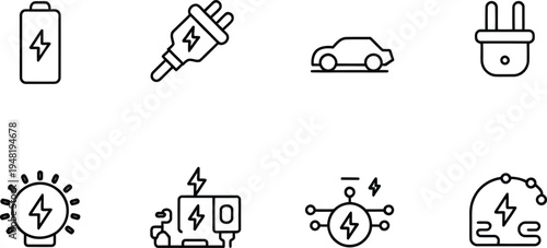 Electric plug, car and charging station line icons set for sustainable mobility and power solutions


