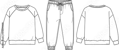 Casual sweatshirt and sweatpants fashion sketch, front and back view illustration, raglan sleeves, ribbed cuffs, garment construction design drawing