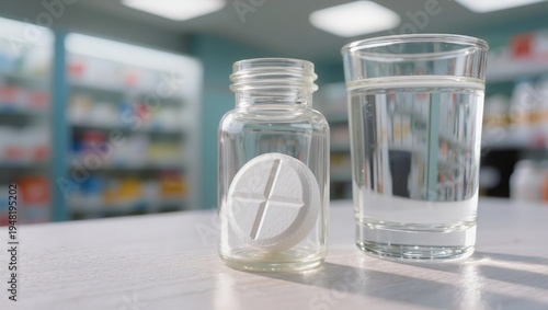 Glass bottle with white scored tablet next to water glass in pharmacy. Scene illustrates pharmacy setting, medication handling, and pharmaceutical dosage