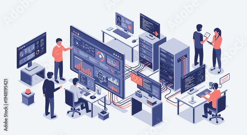 Isometric illustration of a data center with IT professionals managing servers, networks, and data analytics on multiple screens.