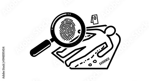 A black and white illustration of a magnifying glass examining a fingerprint over a chalk outline of a body at a crime scene with evidence.