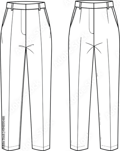 Fashion technical sketch trousers front view, pleated pants design illustration, tailored narrow leg, wide leg silhouette, garment construction drawing