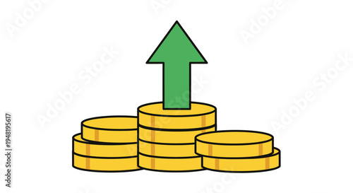 Stacks of gold coins with a green arrow pointing upwards, symbolizing financial growth, investment, and increasing value.