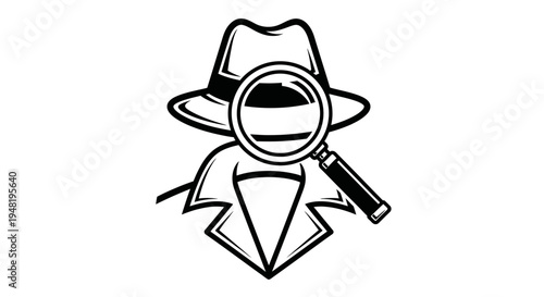 Black and white illustration of a detective wearing a fedora hat and trench coat, holding a magnifying glass for investigation.