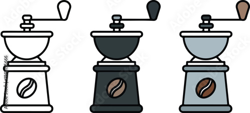 Minimalist manual coffee grinder icon set with bean symbol in line art, gray and blue variations