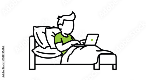 Minimalist Line Art Illustration of Person Working Remotely in Bed with Laptop