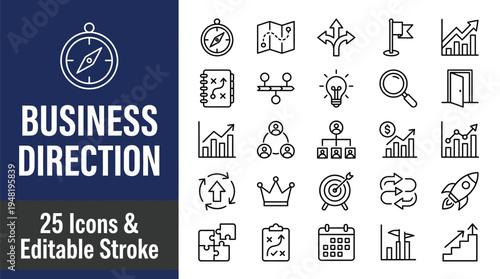 Business direction icons show concepts for corporate strategy.