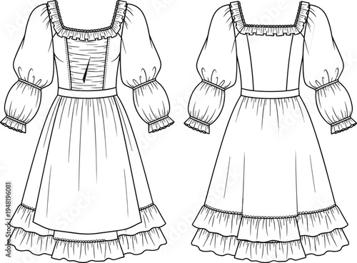 Historical women’s dress fashion sketch, front and back view illustration, ruffled trim, puff sleeves, layered hem, garment construction drawing