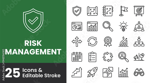 Risk management line icons emphasize security through a checkmark.