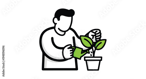 Minimalist Black and White Man Watering Plant in Pot Vector Illustration