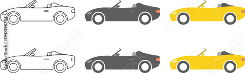 Minimalist convertible sports car icon set with line art, gray and yellow variations in sleek side profile