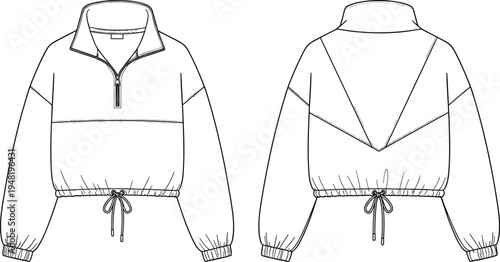 Long sleeve pullover technical fashion illustration, high collar, partial zipper front, drawstring waist, elastic cuffs, garment construction vector sketch