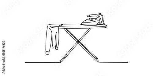 A continuous line drawing of an iron placed on an ironing board with a shirt hanging off the side Vector, illustration