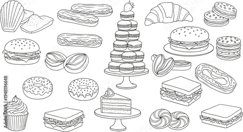 Cad drawing flat vector illustration of bakery and fast food icons featuring macarons, croissants, burgers, donuts, sandwiches, cupcakes, and eclairs.