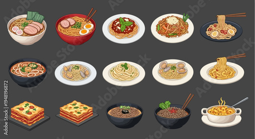 Pixel Art Food Collection: Noodles, Pasta, Lasagna, and Rice Dishes