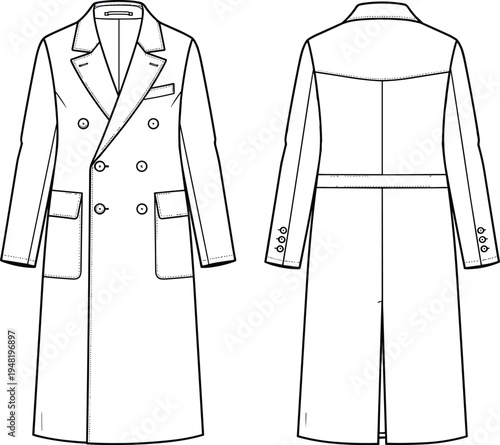 Men’s double‑breasted coat technical fashion sketch, front and back views, vector garment illustration for apparel manufacturing and design reference – flavector