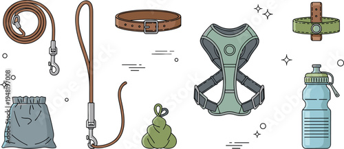 Dog walking accessories set including leash collar harness water bottle treat pouch poop bag pet care vector illustration collection