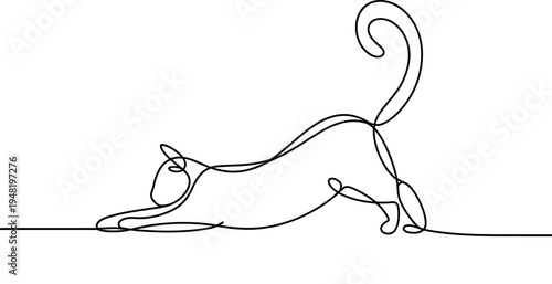 Minimalist continuous line drawing of a cat stretching its body in a playful and relaxed posture