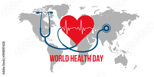 A conceptual illustration featuring a red heart with an ecg line over a grey world map background