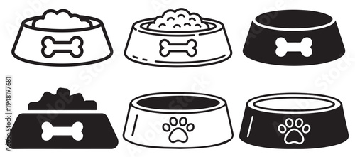 Minimalist line art pet bowls with bone symbols outline set. vector illustration eps 10