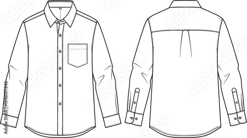 Men’s long sleeve button‑up shirt fashion sketch, front and back view illustration, garment construction drawing, pointed collar, pocket design