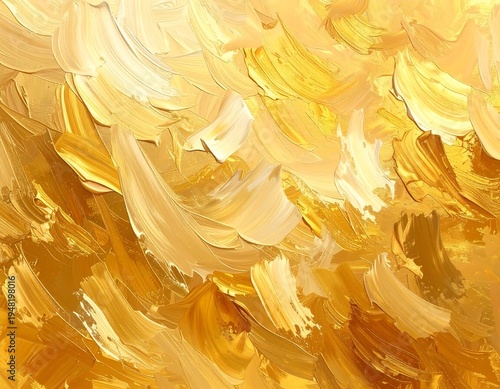 Thick, curved strokes of golden yellow & tan paint, creating a textured abstract image