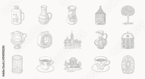 Vintage Sketch Icons: Buildings, Vessels, Tree, and Cups on White Background