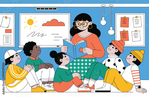 Teacher reading a storybook to diverse children sitting on floor in classroom kids