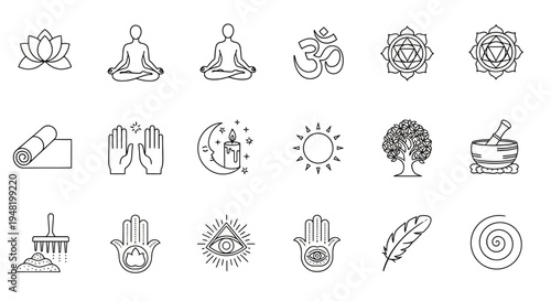 Elegant vector outline icons depicting essential spiritual symbols, yoga poses, and meditation tools, ideal for promoting wellness and tranquil lifestyle themes
