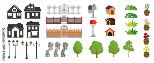 Suburban house and garden elements set, backyard objects collection