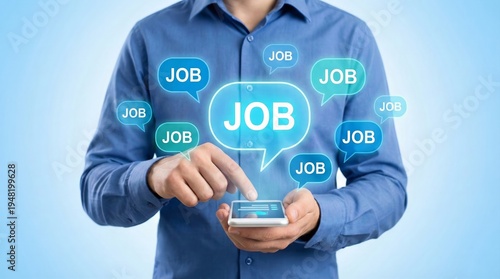 Professional man using smartphone for online job search on employment portal website with career opportunity alert speech bubble icon concept