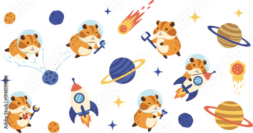Cute hamster astronaut cartoon vector set funny animal space explorer characters with rocket planets galaxy illustration