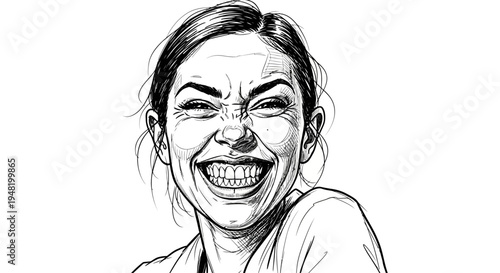 A captivating monochrome illustration captures the infectious joy and genuine happiness of a woman bursting into hearty laughter, showcasing her radiant smile and expressive facial features