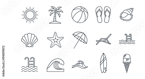 Summer beach vacation icons sun, palm tree, beach ball, flip-flops, seashell, starfish, umbrella, lounge chair, swimming pool, wave, surfboard, ice cream, and more