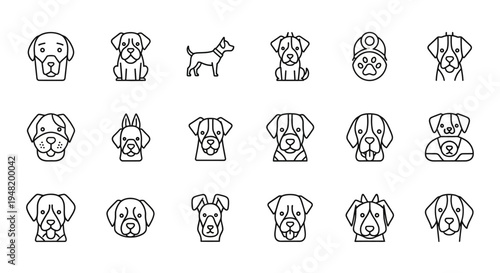 Diverse Collection of Minimalist Line Art Dog Icons, Featuring Various Canine Breeds and Puppy Faces, Perfect for Digital Design Projects and Pet-Related Content