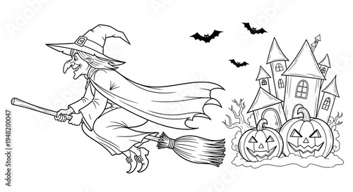 Wicked Witch on Broomstick Flying Past Haunted Castle and Jack-o'-Lanterns – A Spooky Halloween Adventure Illustration
