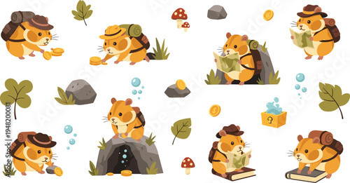 Cute hamster explorer cartoon vector set funny animal adventurer characters with map backpack treasure nature illustration