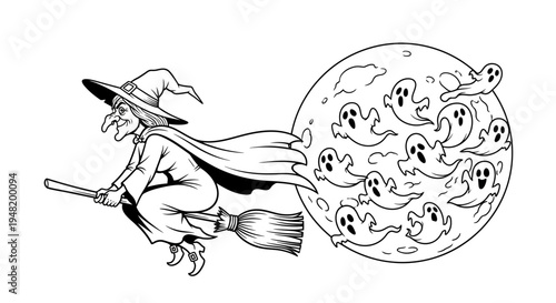 Spooky witch flying on her broomstick against a full moon surrounded by mischievous ghosts, a classic Halloween night scene for festive celebrations