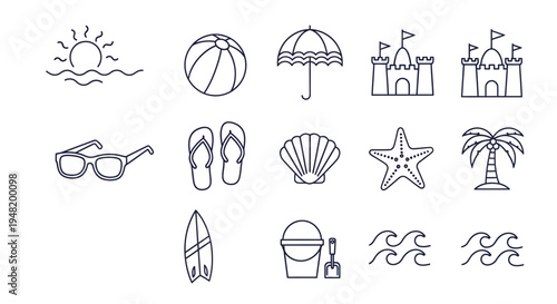 Set of Detailed Summer Beach and Vacation Outline Icons - Perfect for Tropical Getaways, Holiday Travel, and Ocean-Themed Designs for Web and Mobile
