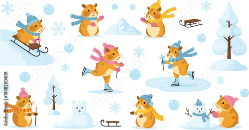 Cute hamster winter cartoon vector set funny animal characters skating sledding playing snow festive holiday illustration